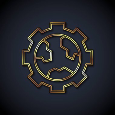 Dünya 'nın altın çizgisi Globe' u ve teçhizatı ya da siyah arka planda izole edilmiş çarklı simge. Parametreler ayarlanıyor. Global Seçenekler. Vektör