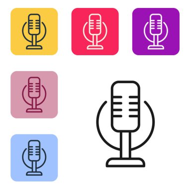 Siyah çizgi mikrofon simgesi beyaz arkaplanda izole edildi. Radyodaki mikrofondan. Sözcü işareti. Renkli kare düğmelerle simgeleri ayarla. Vektör