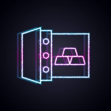 Parlayan neon hattı. Siyah arka planda izole edilmiş altın külçeleri olan kasa. Bankada değerli metaller var. Metalik hazine. Güvenilir veri koruması. Vektör