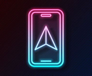 Şehir haritası yön bulma simgesinin parlayan neon hattı bilgileri siyah arkaplanda izole edildi. Mobil Uygulama Arayüzü tasarımı. Coğrafi konsept. Vektör