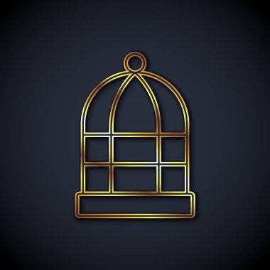 Siyah arka planda izole edilmiş kuş simgesi için altın çizgi kafesi. Vektör