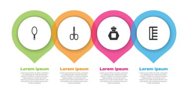 El aynası, makas, parfüm ve saç fırçası. Ticari bilgi şablonu. Vektör