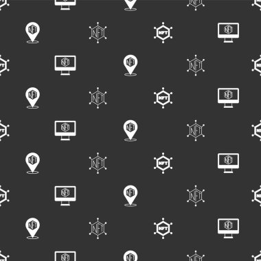 NFT engelleme teknolojisini, sanat mağazası uygulamasını, dijital şifrelemeyi ve kusursuz şablonu olan monitörü ayarla. Vektör