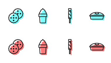 Sıra Candy, Cookie ya da bisküvi, waffle külahında dondurma ve ev yapımı turta ikonu. Vektör