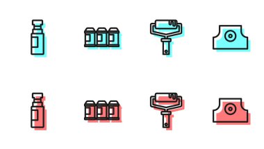 Çizgi boyası fırçası, işaret kalemi, sprey kutusu ve püskürtme başlığı simgesini ayarla. Vektör