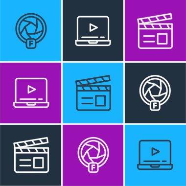 Online kamera deklanşörü, film alkışı ve çevrimiçi video oynatma simgesini ayarla. Vektör