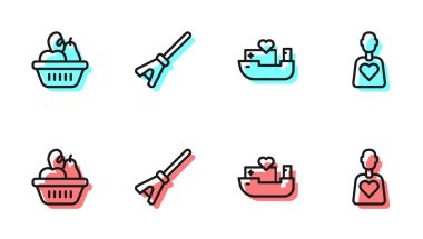 İnsani yardım gemisi, bağış yiyecek kutusu, paspas ve gönüllü ikonu. Vektör