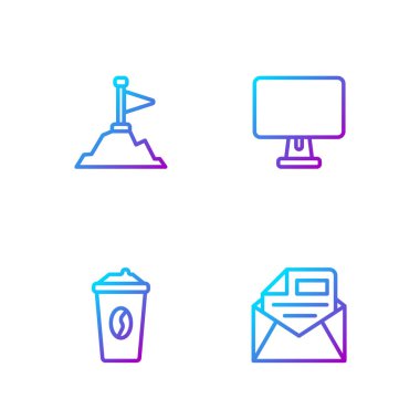 Posta, e-posta, kahve kupası, üstünde bayrak ve bilgisayar monitörü olan dağlar. Renk simgeleri. Vektör