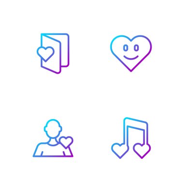 Set hattı notası, kalplerle ton, romantik adam, sevgililer günü broşürü ve kalp. Renk simgeleri. Vektör