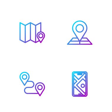 Çizgi Şehir haritası navigasyonu, güzergah konumu, işaretleyici ve katlanmış. Renk simgeleri. Vektör