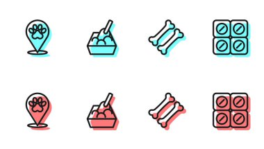 Sabit çizgi köpek kemiği, konum veteriner hastanesi, kürek ve hap ikonlu kedi kumu tepsisi. Vektör