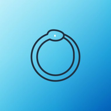 Ouroboros simgesinin çizgi büyüsü sembolü mavi arkaplanda izole edildi. Yılan kendi kuyruğunu ısırıyor. Hayvan ve sonsuzluk, mitoloji ve yılan. Renkli taslak konsepti. Vektör