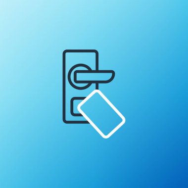 Mavi arkaplanda izole edilmiş ikonu açmak için kablosuz teknolojiye sahip çizgi dijital kapı kilidi. Kapı kolu tabelası. Güvenlik akıllı ev. Renkli taslak konsepti. Vektör