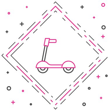 Beyaz arka planda izole edilmiş çocuk simgesi için çizgi tekerlekli scooter. Motoru tekmele ya da dengeli sür. Renkli taslak konsepti. Vektör