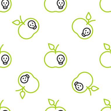 Line Poison apple icon isolated seamless pattern on white background. Poisoned witch apple.  Vector