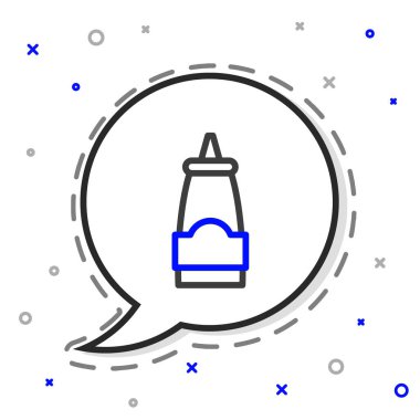 Çizgi sos şişesi simgesi beyaz arkaplanda izole edilmiş. Ketçap, hardal ve fast food için soslu mayonez şişeleri. Renkli taslak konsepti. Vektör