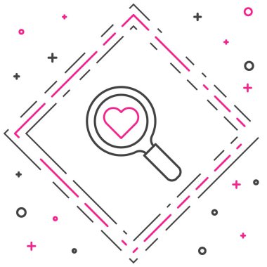 Çizgi Arama Kalbi ve aşk simgesi beyaz arkaplanda izole edildi. İçinde kalp olan büyüteç. Sevgililer günün kutlu olsun. Renkli taslak konsepti. Vektör