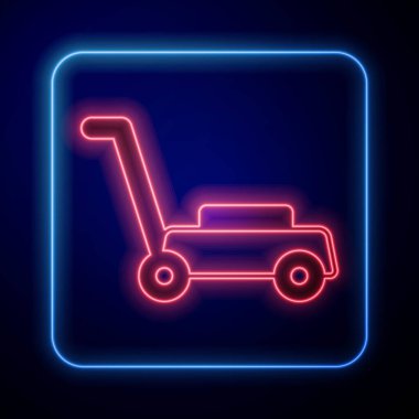 Parlayan neon çim biçme makinesi simgesi siyah arkaplanda izole edildi. Çim biçme makinesi çim biçiyor. Vektör.