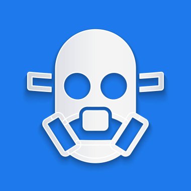 Kağıt kesiği Gaz maskesi simgesi mavi arkaplanda izole edildi. Solunum cihazı işareti. Kağıt sanatı tarzı. Vektör