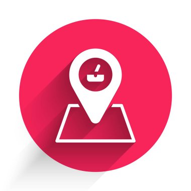 Beyaz piknik konumu simgesi uzun gölge arkaplanı ile izole edildi. Kırmızı daire düğmesi. Vektör