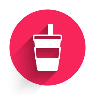 Saman ve uzun gölge arkaplan izole su ikonu içen beyaz kağıt bardak. Soda bardağı. Taze soğuk içecek sembolü. Kırmızı daire düğmesi. Vektör