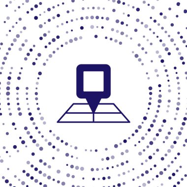 Beyaz arkaplanda konum belirleyici simgesi olan mavi katlı harita. Soyut çember rastgele noktalar. Vektör