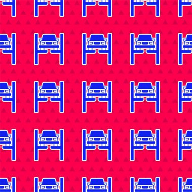 Asansör ikonundaki mavi tamir arabası kırmızı arka planda izole edilmiş. Alt gövdenin tamiri, süspansiyon, tekerlekler ve motor. Vektör