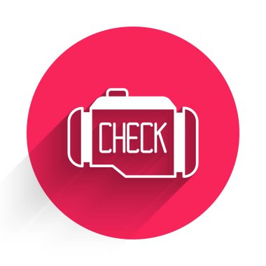 Beyaz Kontrol motor simgesi uzun gölge arkaplanı ile izole edildi. Kırmızı daire düğmesi. Vektör