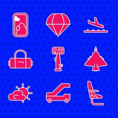 Uçak dümeni, yolcu merdiveni, uçak koltuğu, Jet savaş uçağı, güneş ve bulut havası, bavul, uçak iniş ve pencere ikonu. Vektör