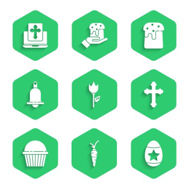 Çiçek lalesi, Havuç, Paskalya yumurtası, Hıristiyan haçı, pasta, zil ve haçı dizüstü bilgisayar ekranında göster. Vektör