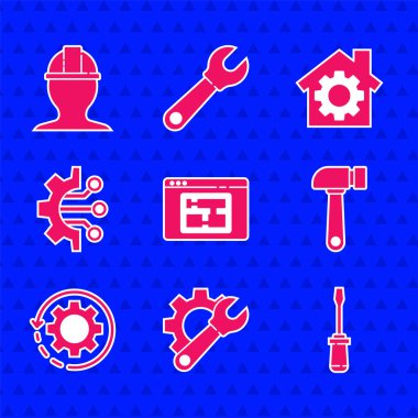 Ev planı, İngiliz anahtarı ve teçhizatı, tornavida, çekiç, dişli okları iş akışı, Algoritma ve işçi kaskı simgesi olarak ayarla. Vektör