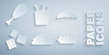 Taco 'yu tortilla, kruvasan, kraker bisküvi, tabakta nachos, tavuk budu ve ikon ile hazırla. Vektör