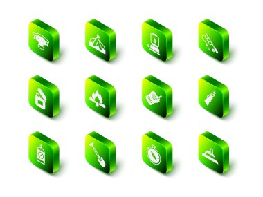 Turist çadırı, kamp feneri, olta kamışı, av tüfeği, avcı şapkası, telsiz, pusula ve kürek ikonu. Vektör