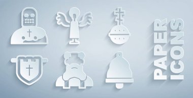 Rahip, Hıristiyan haçı, Hıristiyan bayrağı, kilise çanı, melek ve şövalye ikonu. Vektör