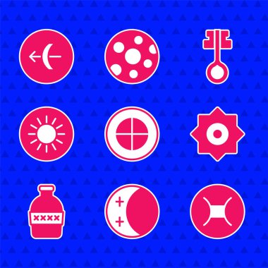 Dünya küresi, Güneş tutulması, Gemini burcu, düşen yıldız, şişe suyu, güneş, eski sihirli anahtar ve yay ikonu. Vektör