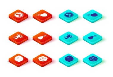 Limon, kurabiye ya da bisküvi, vegan pizza dilimi, armut, tavuk bacağı ve yemek diyeti ikonu. Vektör