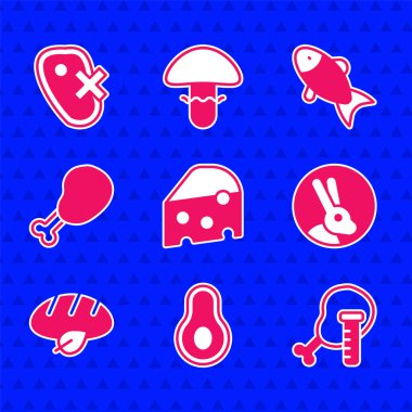 Peynir, Avokado meyvesi, genetiği değiştirilmiş tavuk, tavşan, vejetaryen ekmeği, tavuk budu, balık ve et ikonu. Vektör