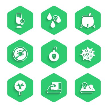 Nükleer bomba, Atık Su, Deneysel fare, Bakteri, Biyolojik Tehlike sembolü, Kolorado Böceğini Durdur, Cadı Kazanı ve Zehirli alkol ikonu. Vektör