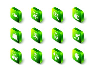 İksir şişesi, zehirli büyüteç, elma, sigara, adam zehirlenmesi, zehirli hap asit yağmuru ve böcek ikonuna püskürtme. Vektör