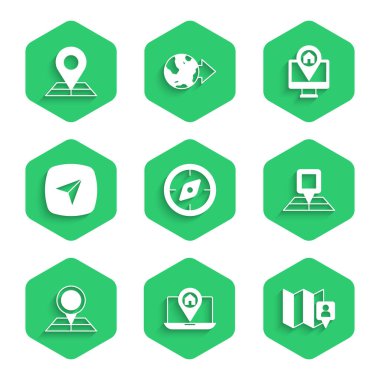 Pusula, şehir haritası navigasyonu, konum işaretleyici, monitör ve simge ile katlandı. Vektör