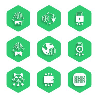 NFT Dijital Şifreleme Sanatı, Kripto Para Birimi Cüzdanı, İkili Kod, Siber Güvenlik ve Simge Ayarla. Vektör