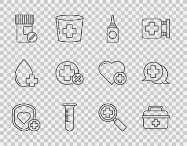 Kalkan ve kalp atış hızı, ilk yardım kiti, şişe burun spreyi, test tüpü şişesi, ilaç şişesi hapları, Cross hastanesi sağlık malzemeleri, doktor ikonu ile diyalog kurmak için büyüteç. Vektör