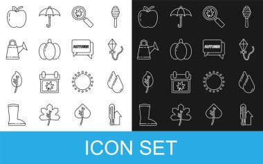 Meteoroloji termometresi, su damlası, uçurtma, yapraklı büyüteç, balkabağı, sulama kutusu, elma ve konuşma balonu ikonu. Vektör