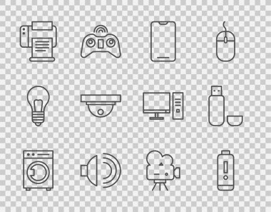 Hat temizleyici, pil şarj seviyesi göstergesi, akıllı telefon, cep telefonu, hoparlör sesi, yazıcı, hareket sensörü, Retro sinema kamerası ve USB flash disk simgesi. Vektör