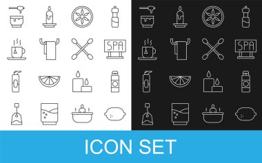 Limon, krema ya da losyon kozmetik tüpü, spa salonu tabelası, havlu askı, çay poşetli çay fincanı, kulak ikonu için ballı çubuk ve pamuklu çubuk. Vektör