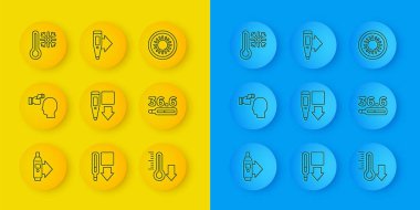 Hat dijital termometresi, vücut sıcaklığı, meteoroloji, sağlık, termometre, kar tanesi, güneş ve ikon ile kontrol ediliyor. Vektör