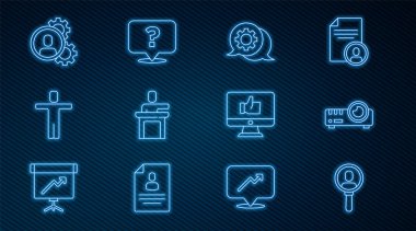 Halkı ara, medya projektörü, konuşma balonu sohbeti, hoparlör, kafa avcılığı, el beğenme ve soru işareti simgesi. Vektör