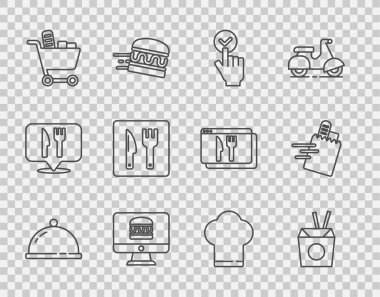 Bir tepsi yemek, Asya eriştesi ve yemek çubuklarıyla çevrimiçi sipariş paketi alışveriş arabası, kafe restoranının yeri, şef şapkası ve ikon ile kaplanmış. Vektör