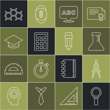 Çizgi büyüteç, çizim pusulası, test tüpü ve matarası, alfabe, hesap makinesi, mezuniyet şapkası, kimyasal formül ve silgi ikonlu kalem. Vektör