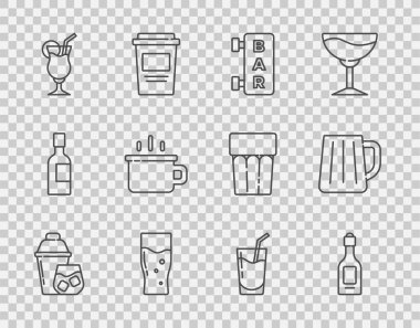 Kokteyl karıştırıcı, şampanya şişesi, barlı sokak tabelası, bir bardak bira, kahve fincanı ve tahta bardak ikonu. Vektör